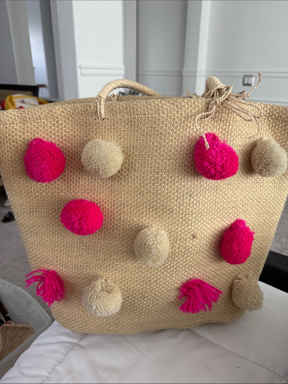 Woven Pom-Pom Tote Bag in Natural with Hot Pink Accents